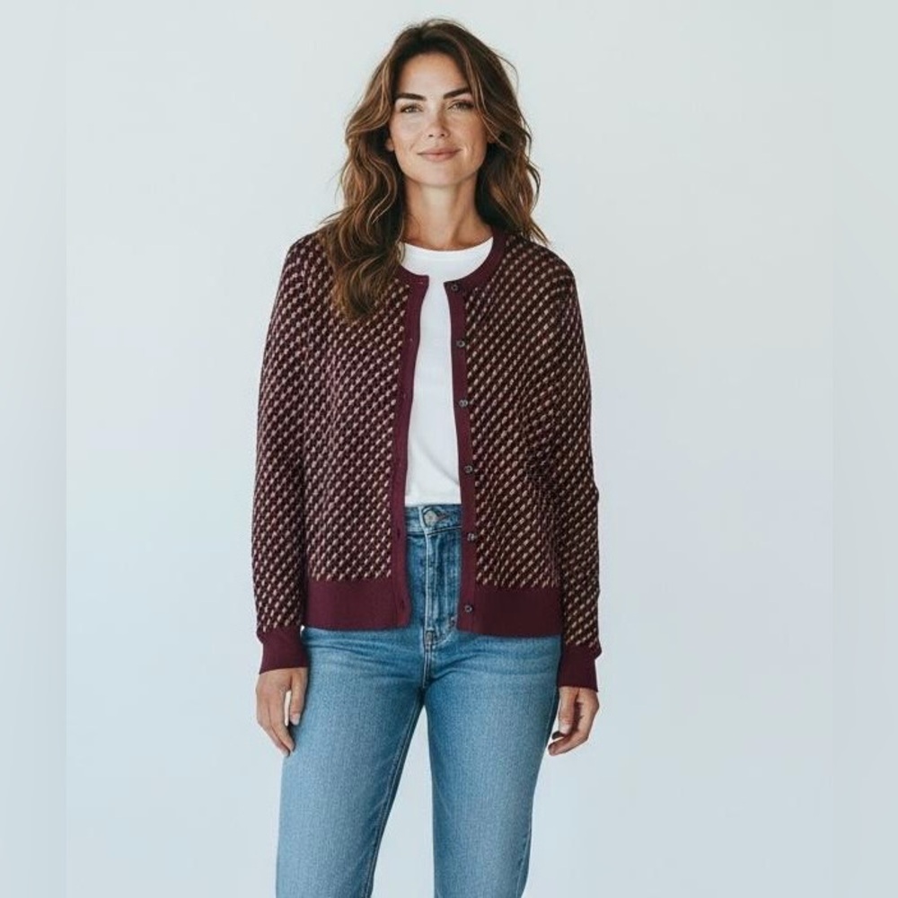Ann Taylor L Geometric Jacquard Cardigan Sweater Burgundy Gold Viscose‎